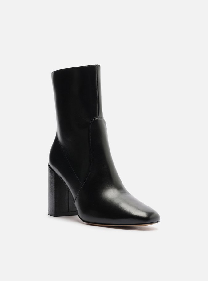 Bota Preta Couro Salto Alto Bloco Cano Médio