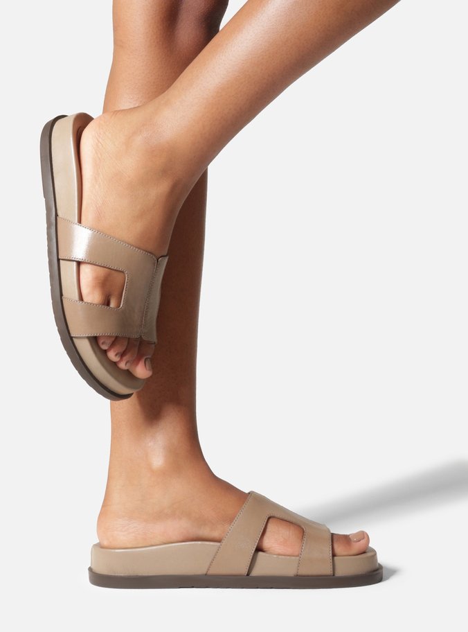 Sandália Papete Cinza Couro Flatform Tiras