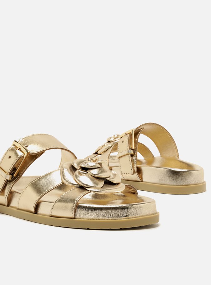 Sandália Rasteira Dourada Couro Flor Fivela