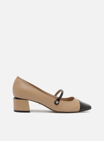Sapato Boneca Bege Couro Cap Toe Preto