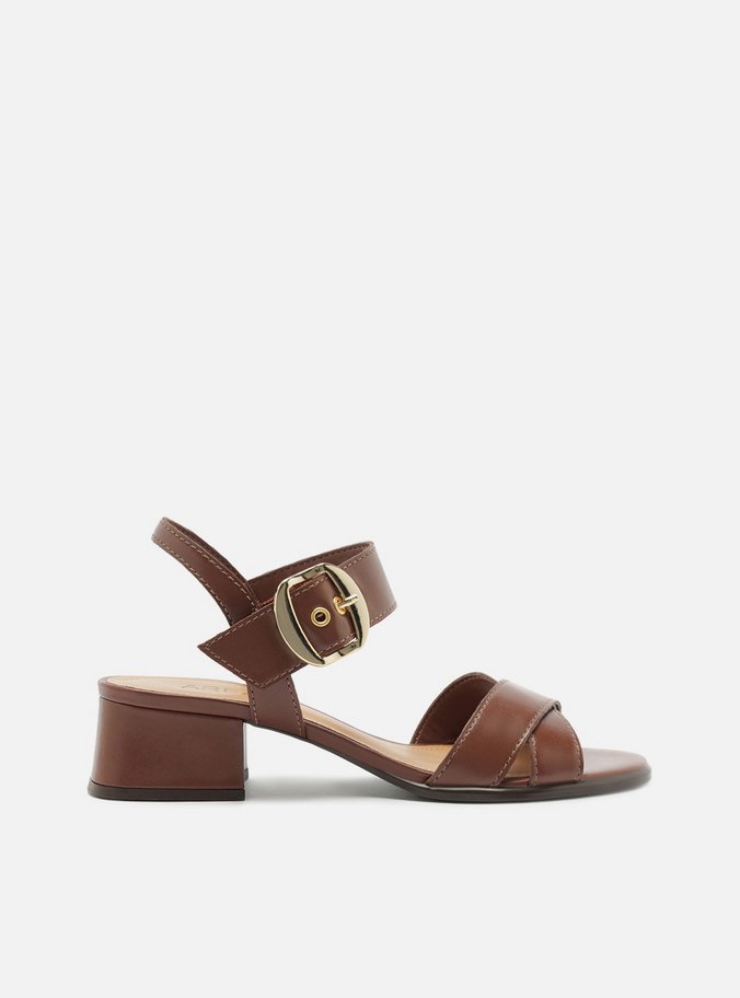 Sandália Marrom Couro Bloco Tiras Cruzadas Fivela