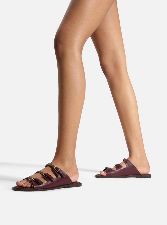 Sandália Rasteira Bordô Couro Tiras Fivelas