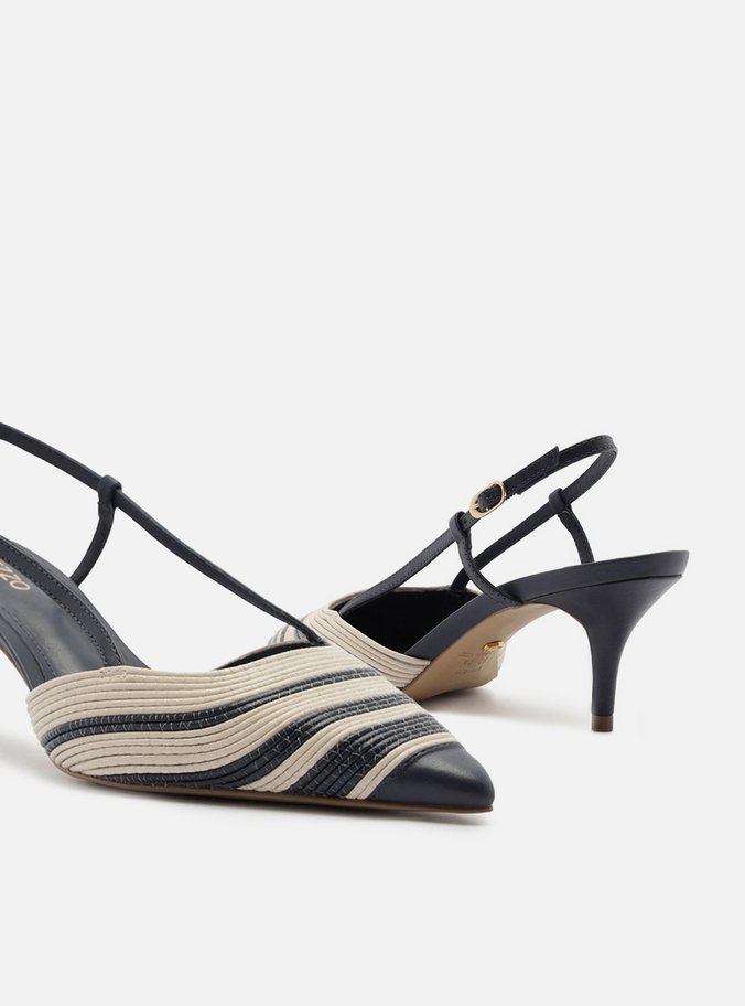 Scarpin Azul Couro Salto Baixo Slingback Bicolor