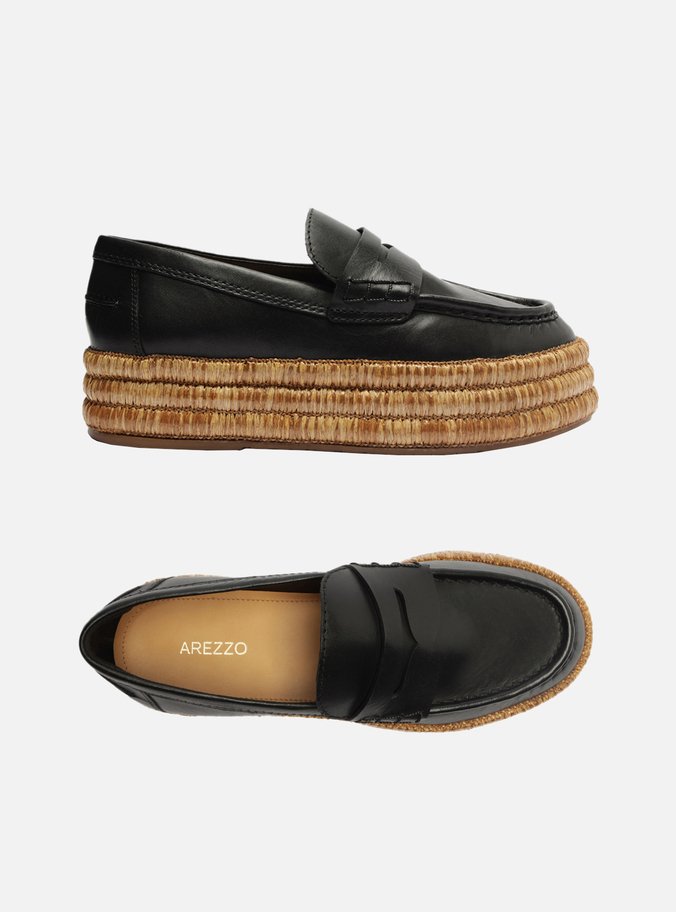 Mocassim Preto Couro Flatform Corda