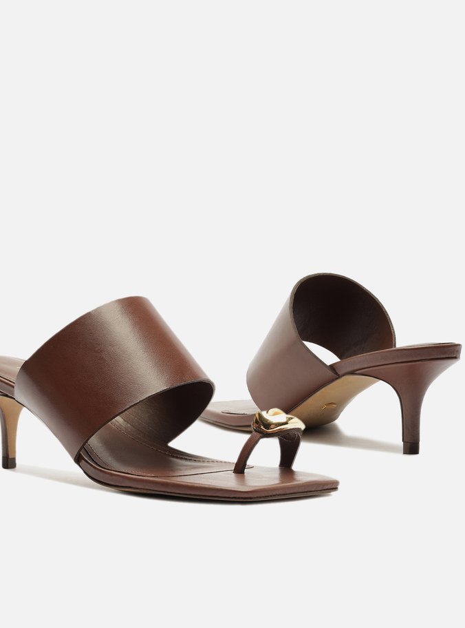 Sandália Marrom Couro Salto Fino Metal Bold