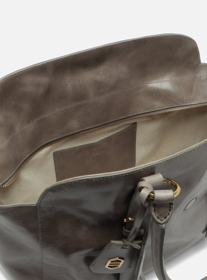 Bolsa Tote Cinza Couro Estonado Grande Metal