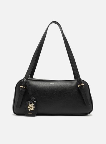 Bolsa Bowling Preta Couro Grande Metal Flor