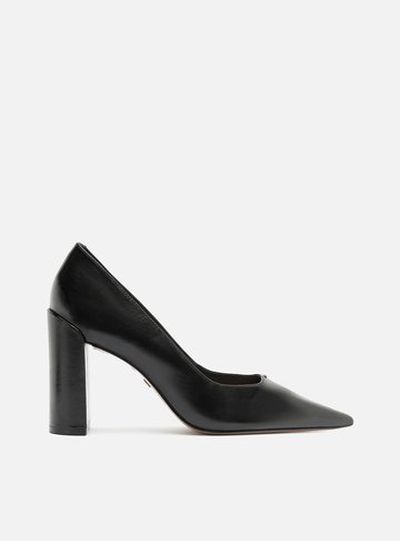 Arezzo — Scarpin Preto Couro Salto Bloco Metal]