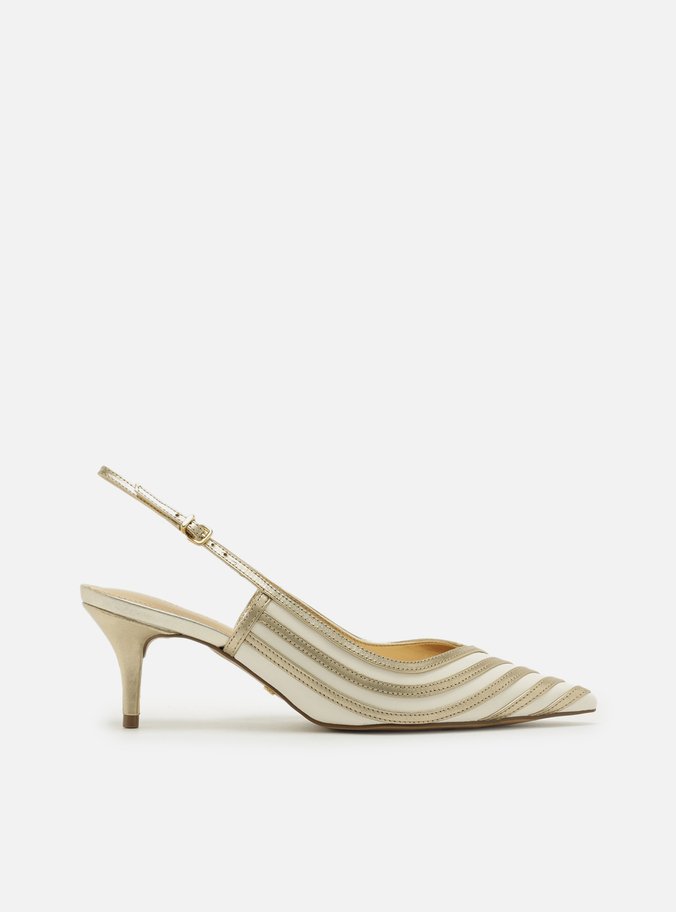 Scarpin Dourado Bicolor Salto Kitten Slingback