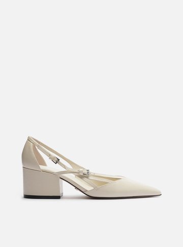 Scarpin Branco Couro Bloco Semi Aberto Fivelas