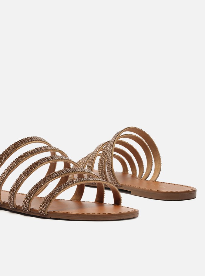Rasteira Bege Flat Tiras Strass Gold