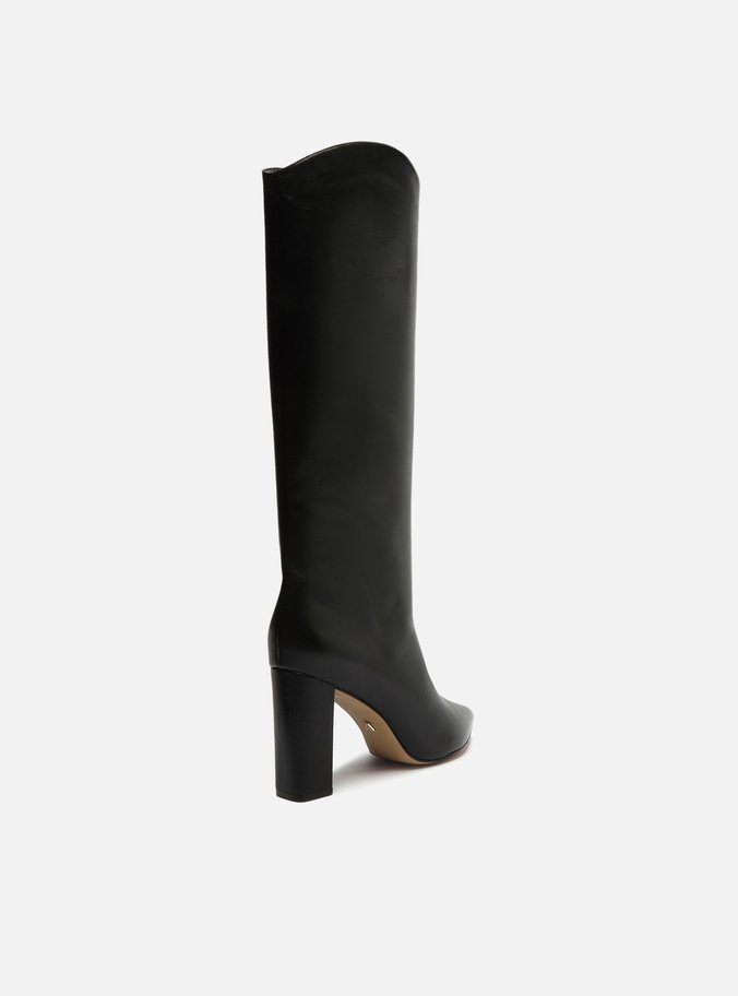 Bota Preta Couro Cano Longo Salto Alto