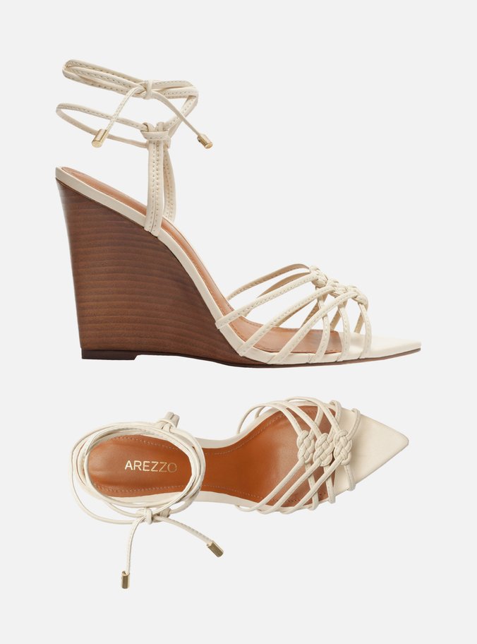 Sandália Off-White Salto Anabela Tiras Amarração