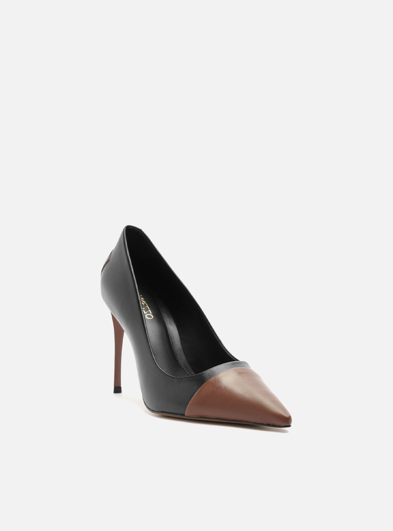 Scarpin Preto Couro Salto Fino Bico Fino Cap Toe — foto 2