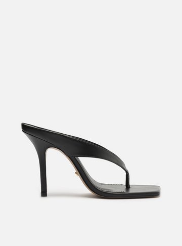 Tamanco Preto Couro Salto Alto Thong