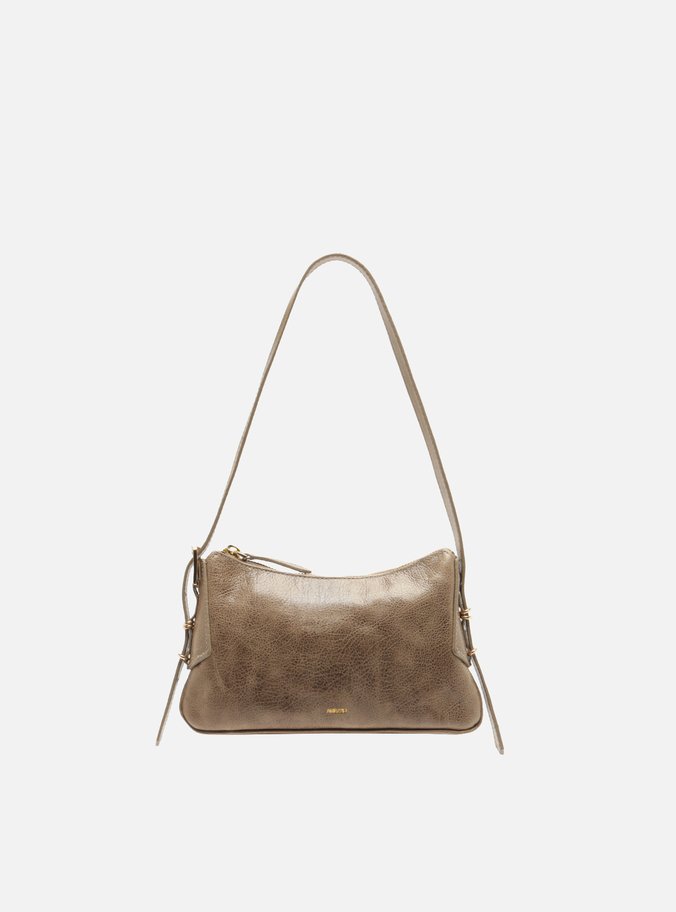 Bolsa Tiracolo Cinza Couro Média Metais Dourados