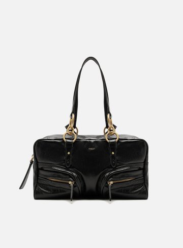 Bolsa Bowling Preta Couro Verniz Média Bolsos