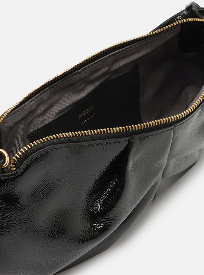 Bolsa Shoulder Preta Couro Grande Franzida