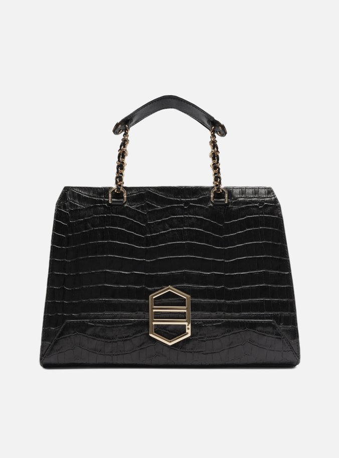 Bolsa Tote Preta Couro Croco Kopen Grande