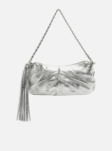 Bolsa Shoulder Prata Couro Grande Franzida