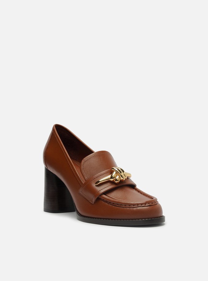 Loafer Caramelo Couro Salto Bloco Metal Nó