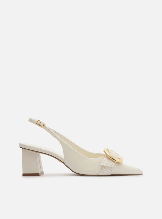 Scarpin Branco Couro Salto Bloco Slingback