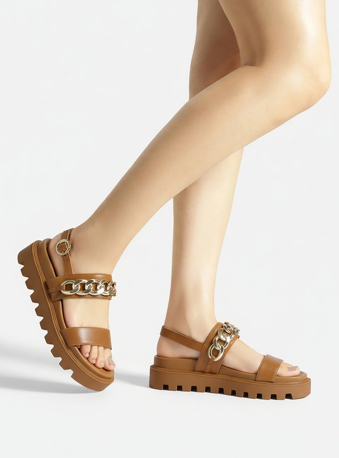 Sandália Marrom Couro Flatform Tratorada Corrente
