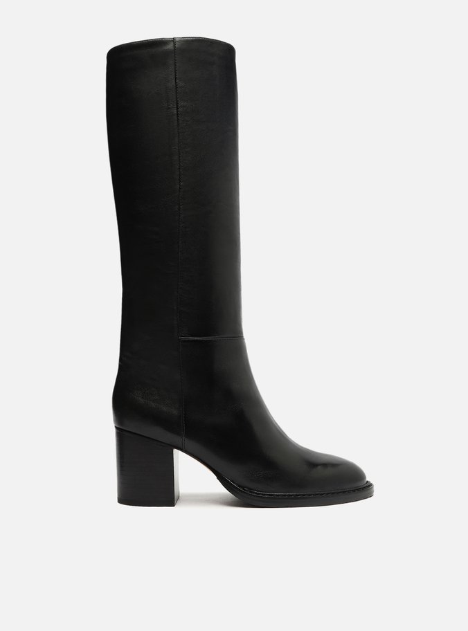 Bota Preta Couro Cano Longo Salto Bloco Montaria