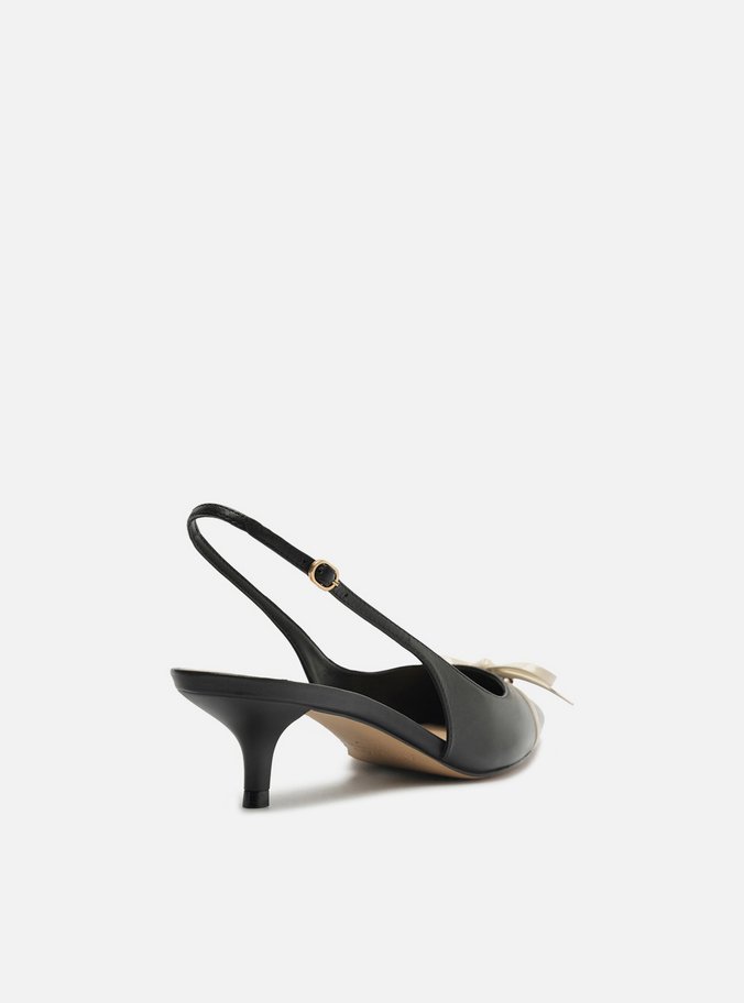 Scarpin Preto Couro Salto Baixo Slingback Laço