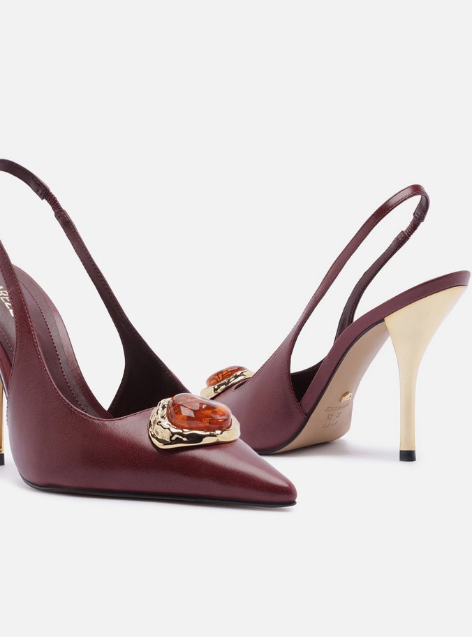 Scarpin Vinho Couro Salto Alto Slingback Pedraria