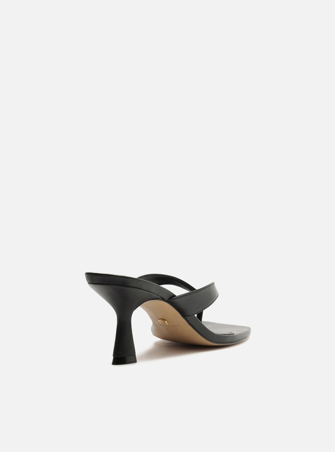 Tamanco Preta Couro Salto Fino Flip Flop