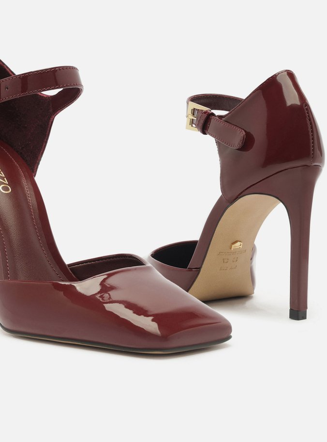 Scarpin Vinho Verniz Salto Alto Bico Quadrado