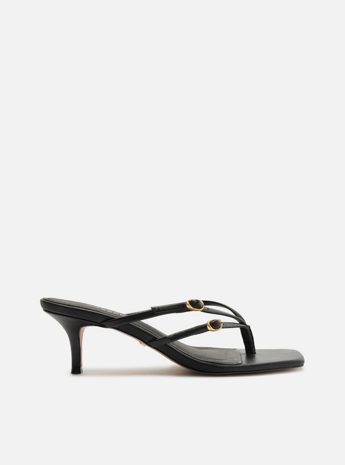 Tamanco Preta Couro Bico Quadrado Flip Flop