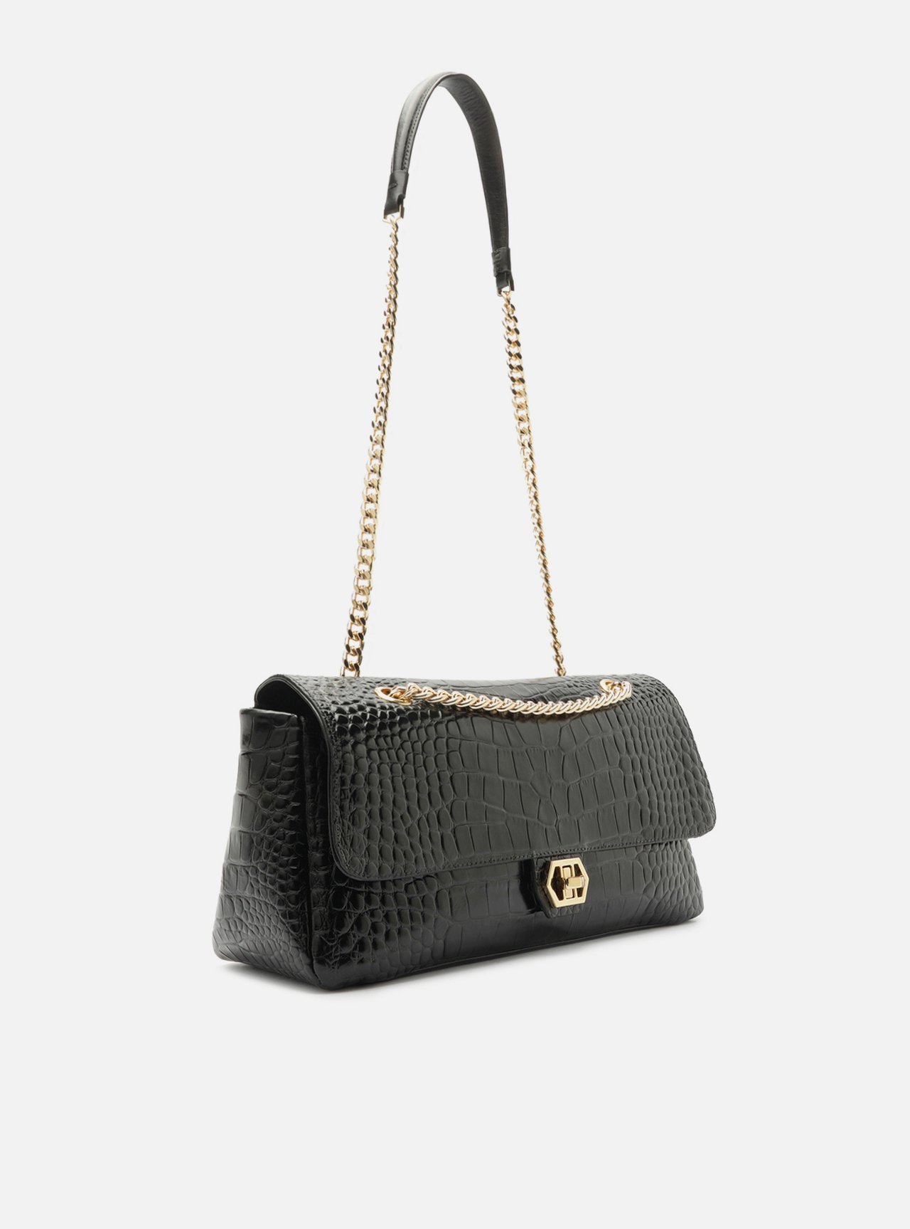 Bolsa Tiracolo Preta Couro Grande Croco Corrente — foto 5