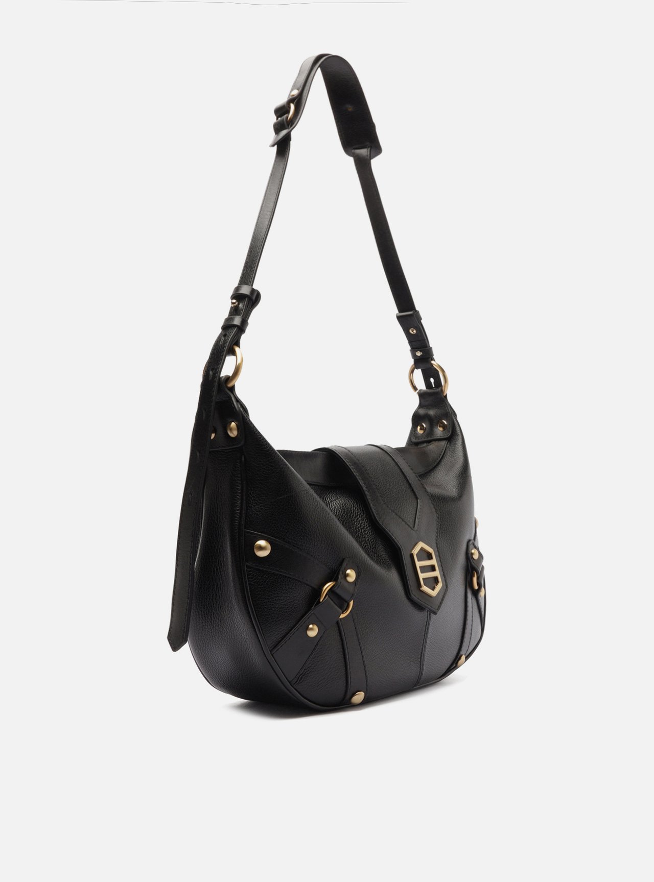 Bolsa Shoulder Preta Couro Grande Tiras Metais — foto 5