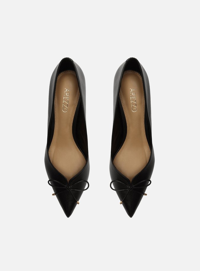 Scarpin Preto Couro Salto Médio Fino Laço