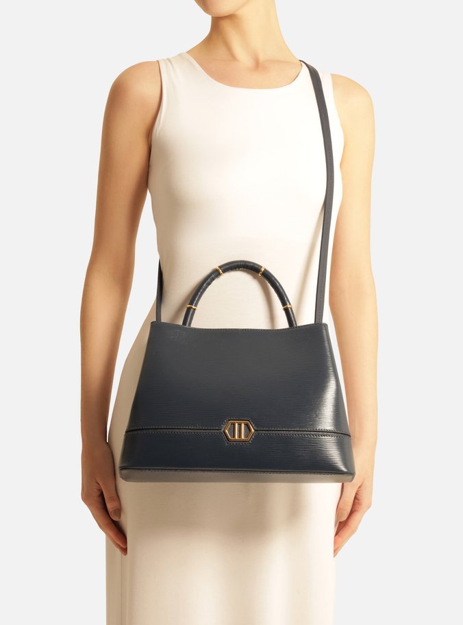 Bolsa Tote Azul Couro Grande Anéis