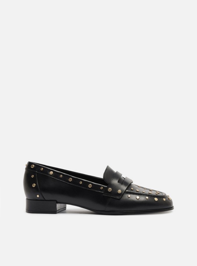 Mocassim Preto Couro Salto Bloco Tachas