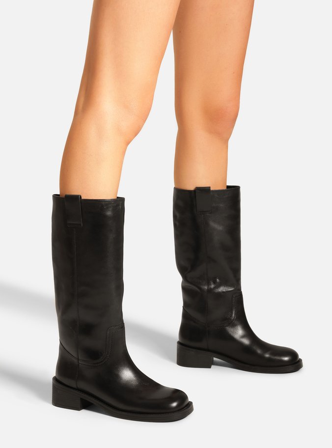 Bota Preta Couro Cano Longo Salto Bloco Tiras