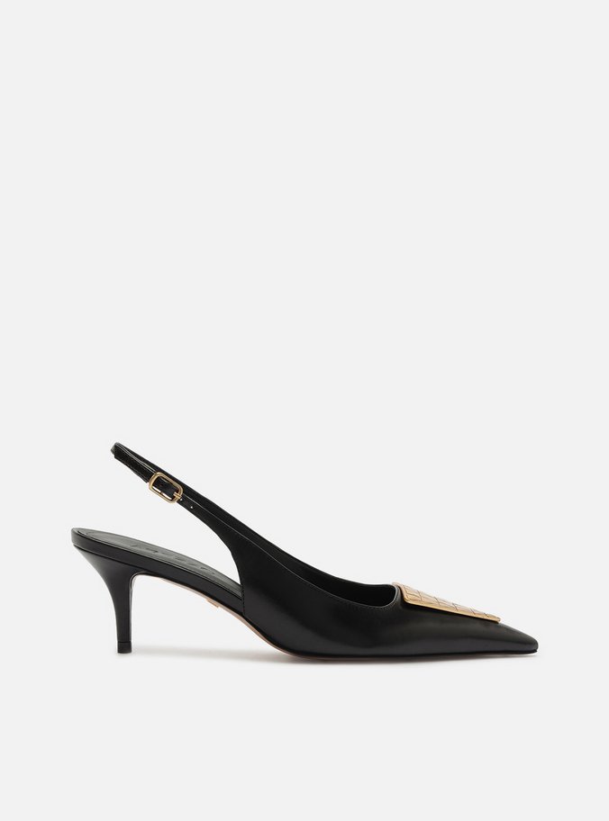 Scarpin Preto Couro Salto Fino Metais Slingback