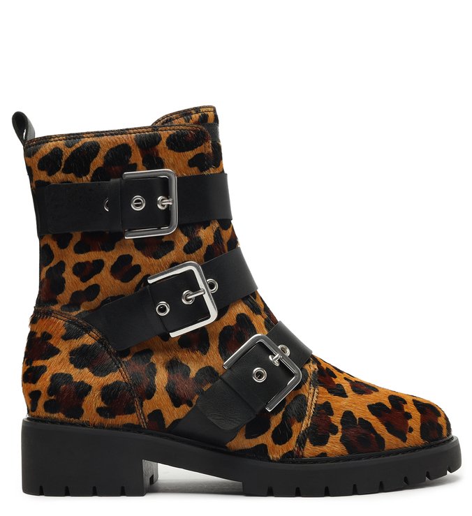 Bota Cano Médio Tratorada Fivelas Animal Print