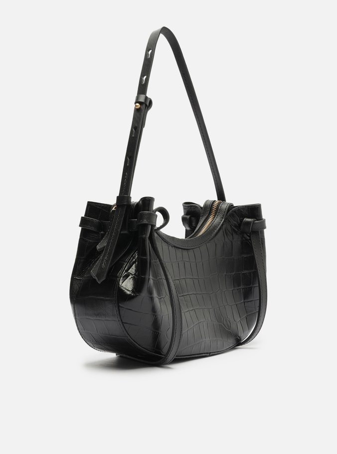 Bolsa Tiracolo Preta Couro Croco Média