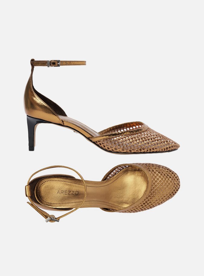Scarpin Bronze Salto Baixo Fino Aberto Tela