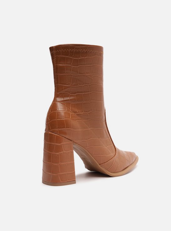 Bota Marrom Croco Cano Médio Salto Bloco