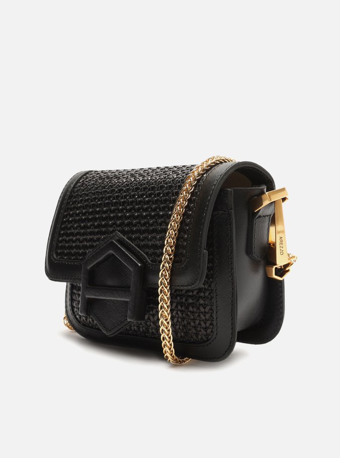 Bolsa Tiracolo Preta Couro Pequena Tramada Corrente