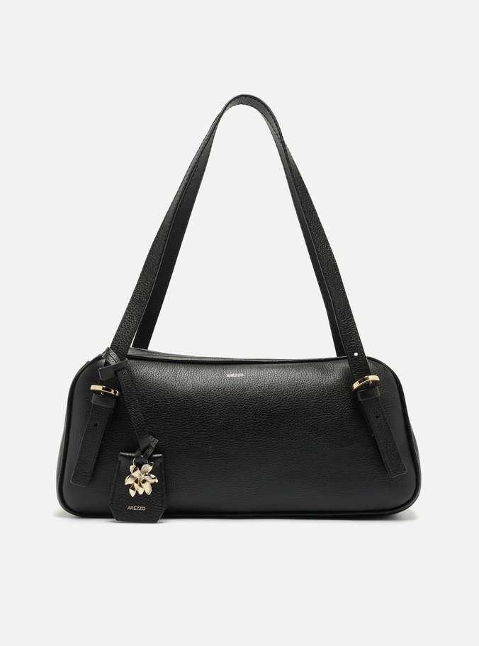 Bolsa Bowling Preta Couro Grande Metal Flor