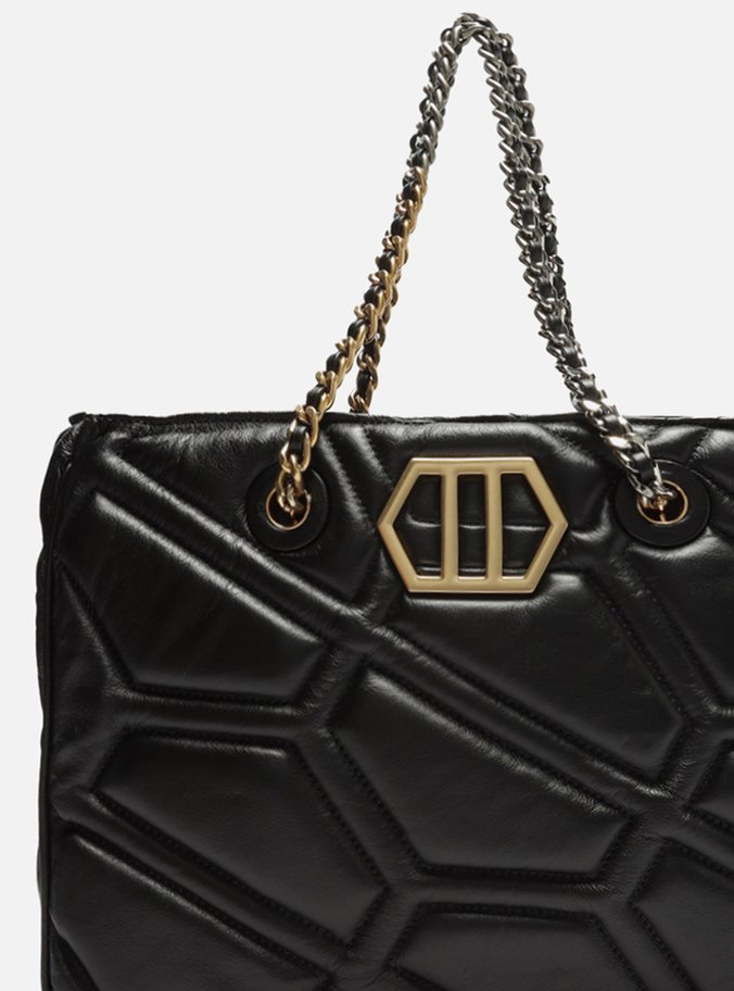 Bolsa Shopping Preta Couro Emma Grande Corrente