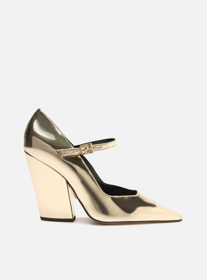 Scarpin Dourado Salto Bloco Bico Fino