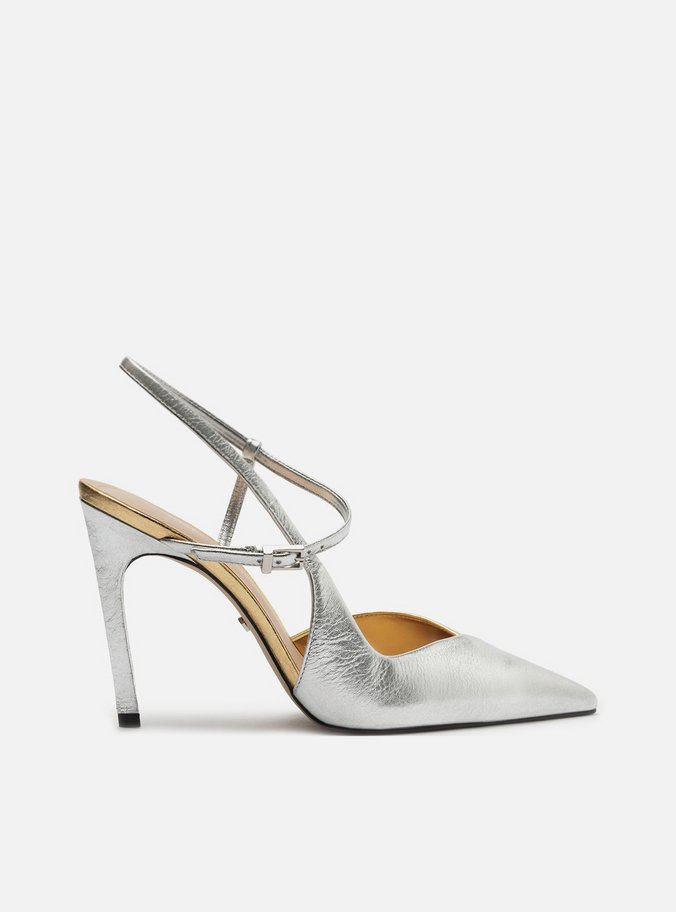 Scarpin Prateado Salto Alto Slingback Cruzado