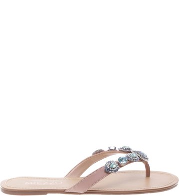 Chinelo Couro Pedras Azuis Bege